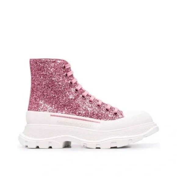 NWB $850 Alexander McQueen Tread Slick Lace Up Glitter Chunky Boots Pink Size 42 - Picture 2 of 7